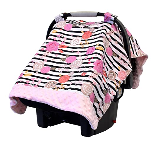 Car Seat Canopy – Infant Car Seat Cover Fits All Car Seats, Includes Toy Loops and Can Unfold Into a Soft Minky Tummy Time Mat, Floral Stripe