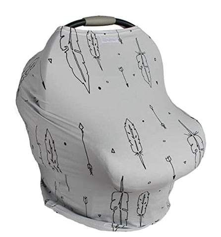Ultrasoft Multi-Use Stretchy Baby Car Seat Canopy, Nursing Cover, High Chair Cover, Shopping Cart Cover, Infinity Scarf with Bonus Drawstring Bag (Gray with Black Feathers)