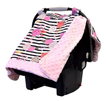 Car Seat Canopy – Infant Car Seat Cover Fits All Car Seats, Includes Toy Loops and Can Unfold Into a Soft Minky Tummy Time Mat, Floral Stripe