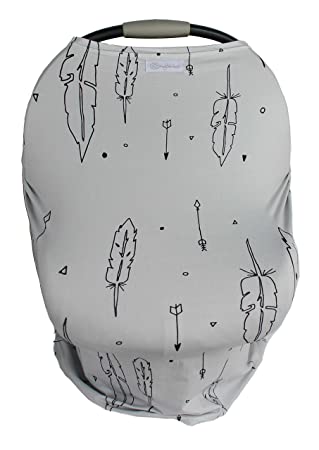 Ultrasoft Multi-Use Stretchy Baby Car Seat Canopy, Nursing Cover, High Chair Cover, Shopping Cart Cover, Infinity Scarf with Bonus Drawstring Bag (Gray with Black Feathers)